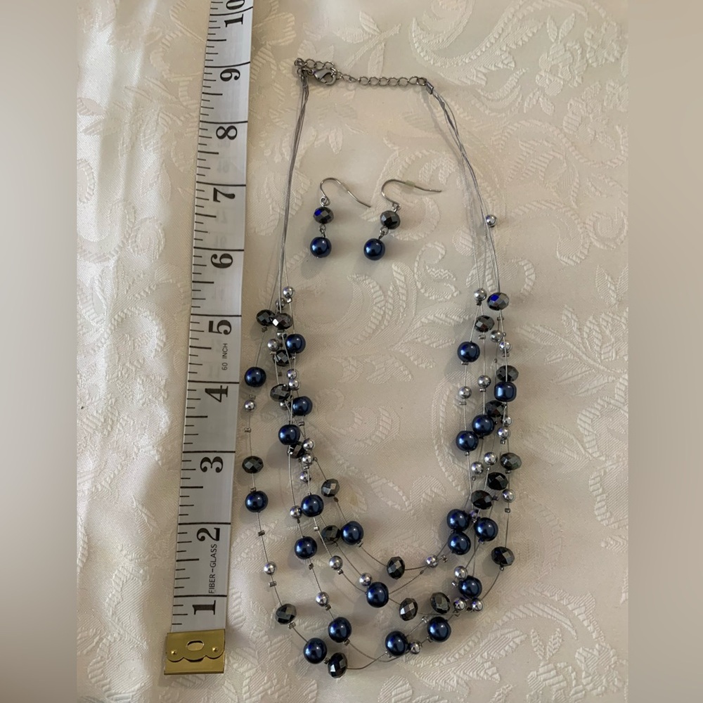 Elegant Blue and Silver Beaded Necklace and earrings Set